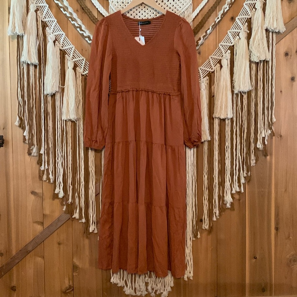 Merokeety Brown Boho Peasant Tired Maxi Dress Size S